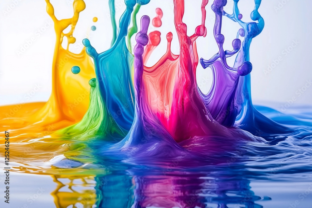 Poster vibrant acrylic paint colors flowing and blending in water, creating dynamic abstract patterns and a