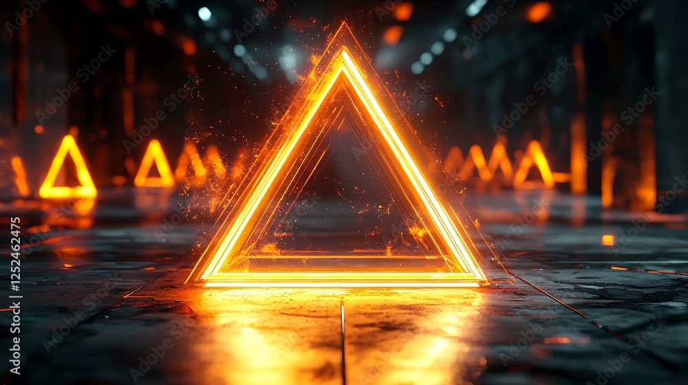 Wall mural glowing orange triangle in dark hall with blurry shapes in the background for graphic use.