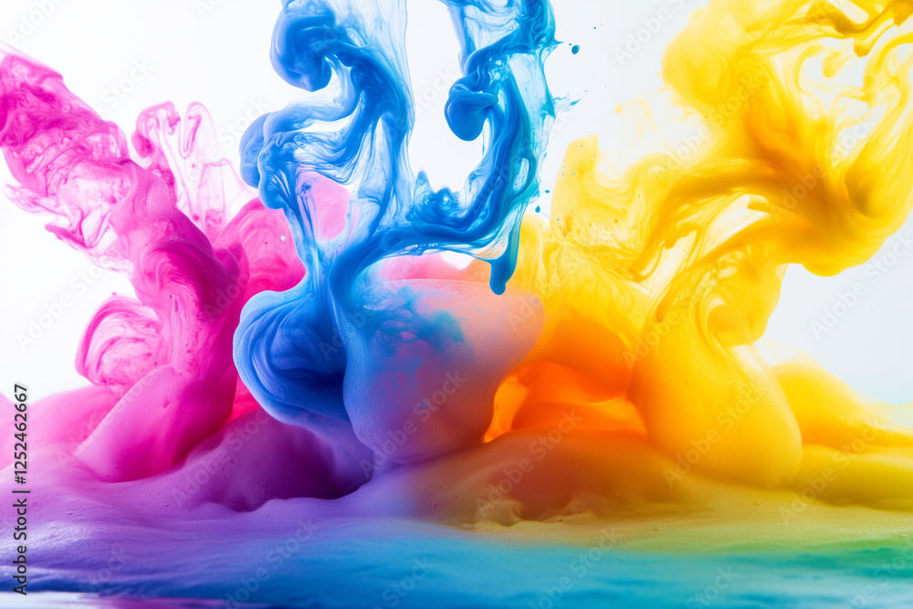 Poster vibrant acrylic paint colors flowing and blending in water, creating dynamic abstract patterns and a