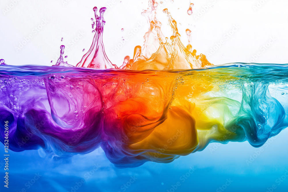 Poster vibrant acrylic paint colors flowing and blending in water, creating dynamic abstract patterns and a