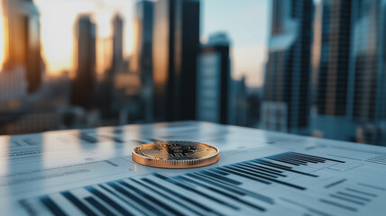 a gold coin on financial documents with city skyline in background. 