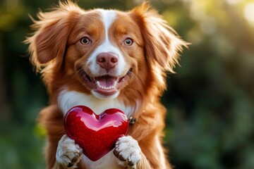 Obraz premium Marketing critter conceptual art visual layout. Nova scotia duck tolling retriever - my desired dog, symbol of friendship. Dog and romantic hearts background. Puppy cuddles on valentine's.