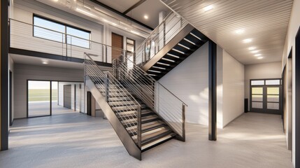 Obraz premium Modern Interior of a Spacious Open-Concept Staircase Design with Natural Light and Sleek Finishes