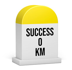 Success 0 kilometer is written on the yellow and white colored milestone. 3d illustration. Success concept.