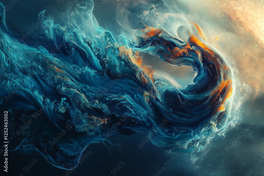 Poster vibrant acrylic paint colors flowing and blending in water, creating dynamic abstract patterns and a