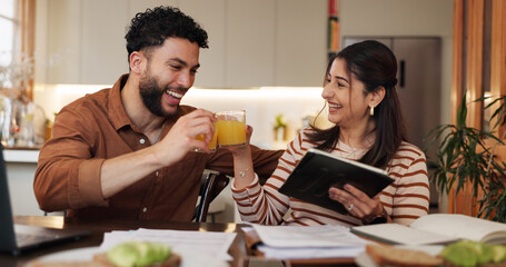 Couple, paperwork and toast to success in home, loan application and celebrate mortgage approval. Happy people, juice cheers and together for taxes income, review finance and love for savings bonus