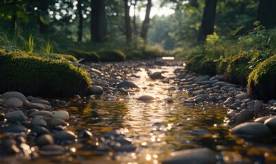 Sunlit stream flows through mossy forest; peaceful nature scene, ideal for relaxation or travel content