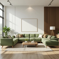 Modern living room with green sofa and wooden accents. 3D Rendering beautiful and shining amazing pic
