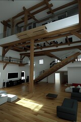 Modern open-plan home with exposed wooden beams and double-height ceilings.