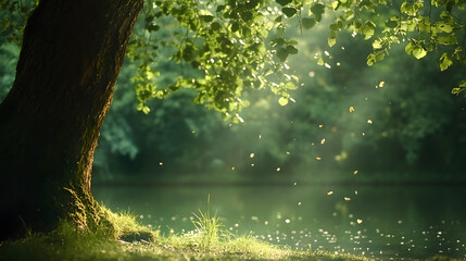 Fototapeta premium serene view of tree by calm water body, with sunlight filtering through leaves