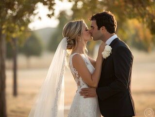 romantic kiss between bride and groom in beautiful outdoor setting