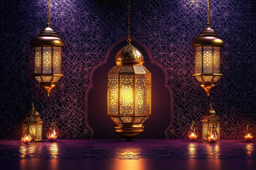 Golden Arabic lanterns glowing on purple patterned background, Ramadan theme