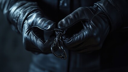 Gloved Hands Securely Holding a Metal Chain Link: Mystery, Intrigue, and Suspense.