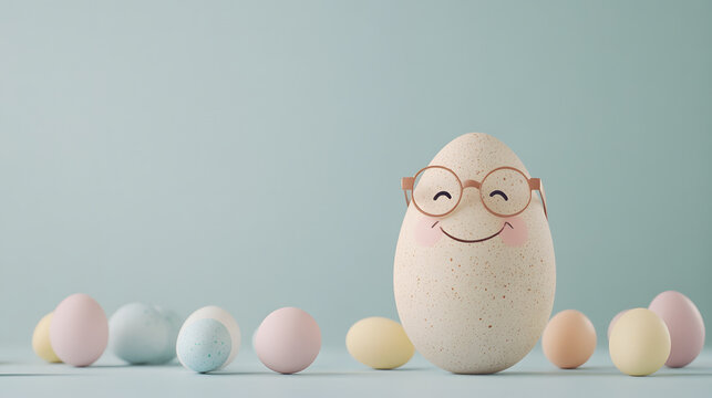 cheerful egg character with glasses surrounded by pastel eggs