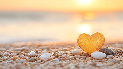 Fototapeta premium crystal heart on sandy beach at sunset, radiating warmth and love