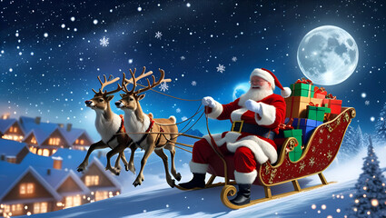 Santa Claus Riding Sleigh with Gift Boxes – Christmas Eve Journey Through the Night Sky