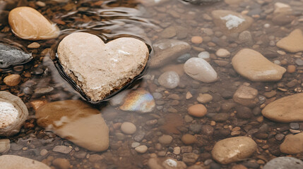 heart shaped stone rests in tranquil stream among smooth pebbles
