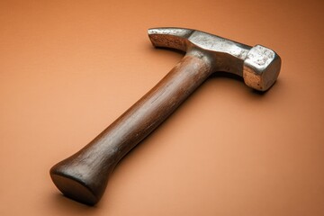 Worn metal hammer with wooden handle resting on background