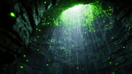 Obraz premium Ethereal Green Glow from Nature in Deep Underground Well with Rays of Light Illuminating Stone Walls