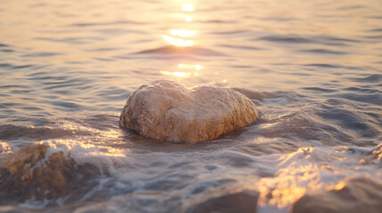 heart shaped rock resting in calm water during sunset, radiating warmth