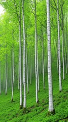 Lush Green Forest with Tall White Birch Trees and Soft Light Shining Through the Foliage