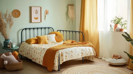 Cozy Bedroom Interior Design with Mustard Yellow and Green Accents