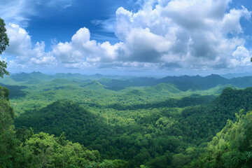 Fototapeta premium Wide panorama of lush tropical forest landscape for environmental ecology, sustainable energy concepts, earth day celebrations, and spa tourism scenic wallpaper