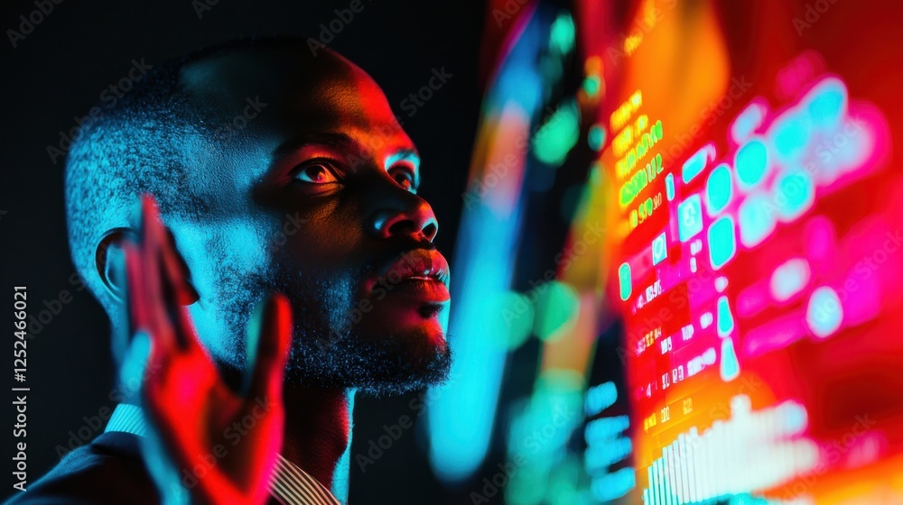 Poster businessman analyzing data with colorful graphs and digital screens in futuristic office environment