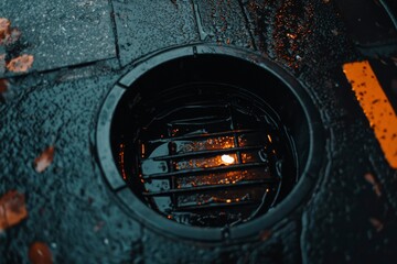Drain View Street grate with water and reflection on asphalt, fall leaves nearby