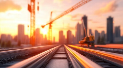 Fototapeta premium Cityscape at Dusk with Railway Tracks and Construction Cranes Under Vibrant Sunset Sky