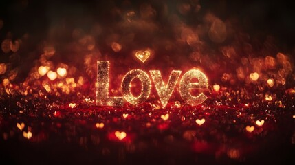 Word Love Formed of Golden Heart Shaped Bokeh on Dark Red Glitter Background