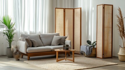 Serene Minimalist Living Room Interior Design with Wooden Accents and Natural Textures