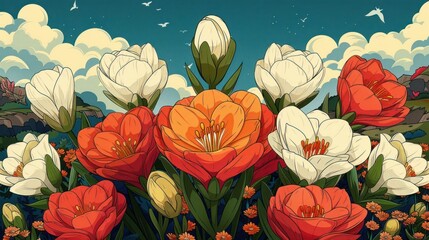A vibrant illustration of blooming flowers in various colors against a serene sky.