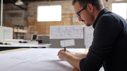 A close-up of an interior designer planning innovative office layouts for a tech startup in a renovated industrial warehouse, Industrial workspace design scene, Contemporary office style