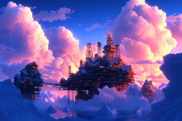 Fantasy floating city in clouds at sunset for game art and desktop wallpaper