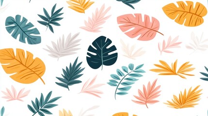Colorful Tropical Leaves Pattern on White Background for Modern Design Projects and Interiors