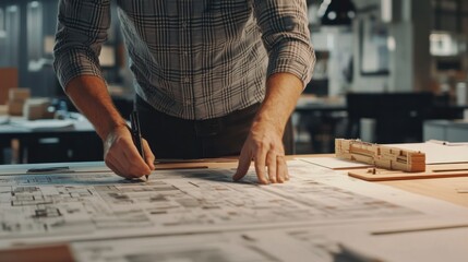 Fototapeta premium A close-up of an interior designer planning innovative office layouts for a tech startup in a renovated industrial warehouse, Industrial workspace design scene, Contemporary office style
