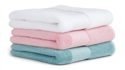 Soft, stacked towels in white, pink, and teal colors create a cozy bathroom aesthetic, ideal for relaxation and comfort.