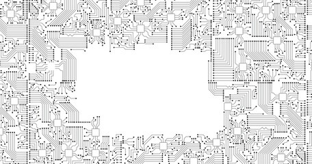 Electronics board. Circuit board electronic hi tech pattern. Vector abstract computer chip. Black monochrome background. 