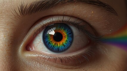 Fototapeta premium Human multicolored iris of the eye animation concept. Rainbow lines after a flash scatter out of a bright white circle and forming volumetric a human eye iris and pupil. 3d rendering background in 4K