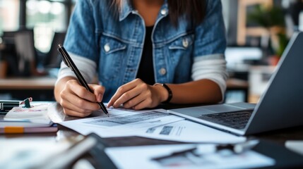 A close-up of an interior designer planning innovative workspace layouts for a tech startup in a renovated industrial warehouse, Industrial workspace design scene, Contemporary industrial style