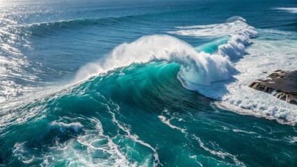Fototapeta premium Aerial View of a Massive Ocean Wave Crashing, Turquoise Water, High-Angle Shot, Dramatic Nature Photography Ocean wave, Aerial Photography