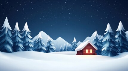Fototapeta premium Cozy Red Cabin Nestled in Snowy Pine Forest Under Starry Night Sky with Majestic Mountains