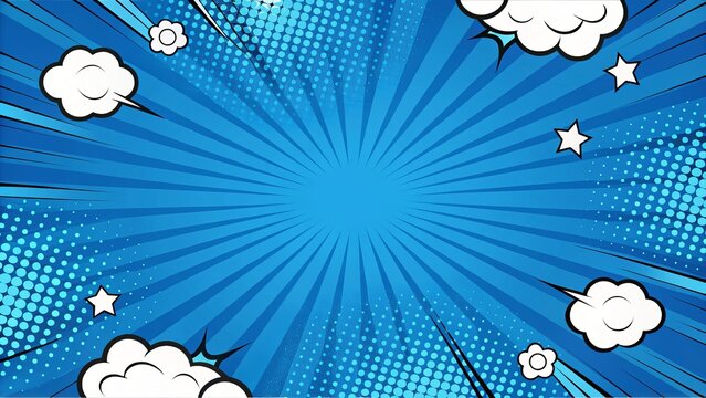 Naklejki Blue Comic Book Burst Background Radial Lines, Speech Bubbles, Halftone Dots, Stars, Pop Art Design, Superhero, Graphic Design Superhero