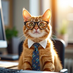 Cute orange tabby cat in glasses and a tie, sitting in a sunny office workspace, radiating levity and humor