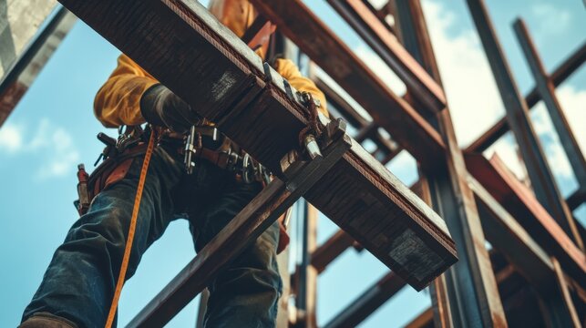 A close-up of an ironworker bolting structural steel beams together at a high-rise building construction site, High-rise steel erection scene, Structural connectivity style