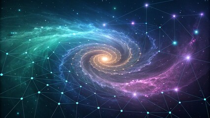 Cosmic Network Spiral Galaxy and Connected Nodes, Digital Art, Astronomy, Network Astronomy, Galaxy