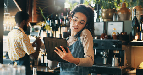 Phone call, tablet and planning with woman in restaurant for product inventory, supplier contact or...
