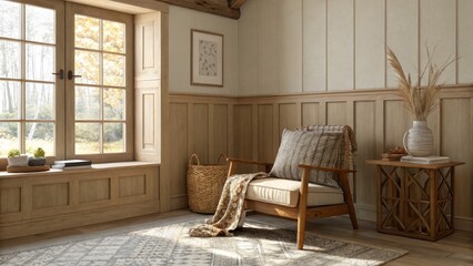 Cozy Autumnal Reading Nook Wooden Chair, Natural Light, Woven Textures, Farmhouse Decor. Farmhouse, Interior Design