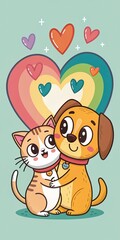 Fototapeta premium Cute Cat and Dog Hugging with Rainbow Heart, Cartoon Illustration, Friendship, Love, art. Pet illustration, friendship